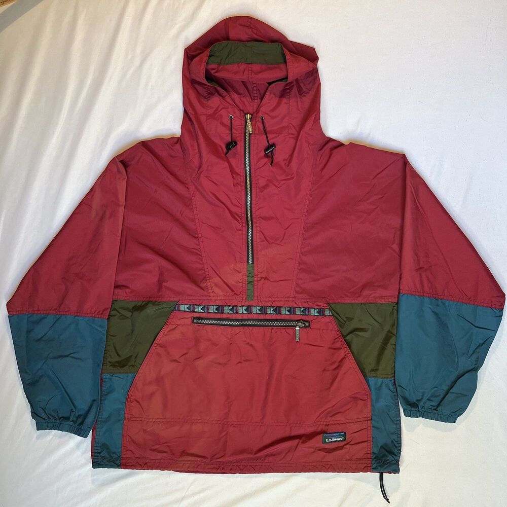 Vintage LL Bean Anorak Red Color Block 90s Nylon Pullover Mens Large USA Made